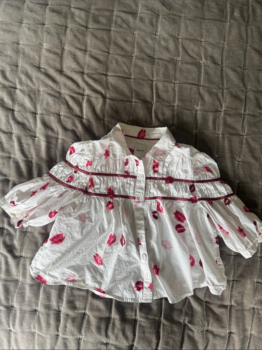 Maeve White Blouse with Red Lip Accents